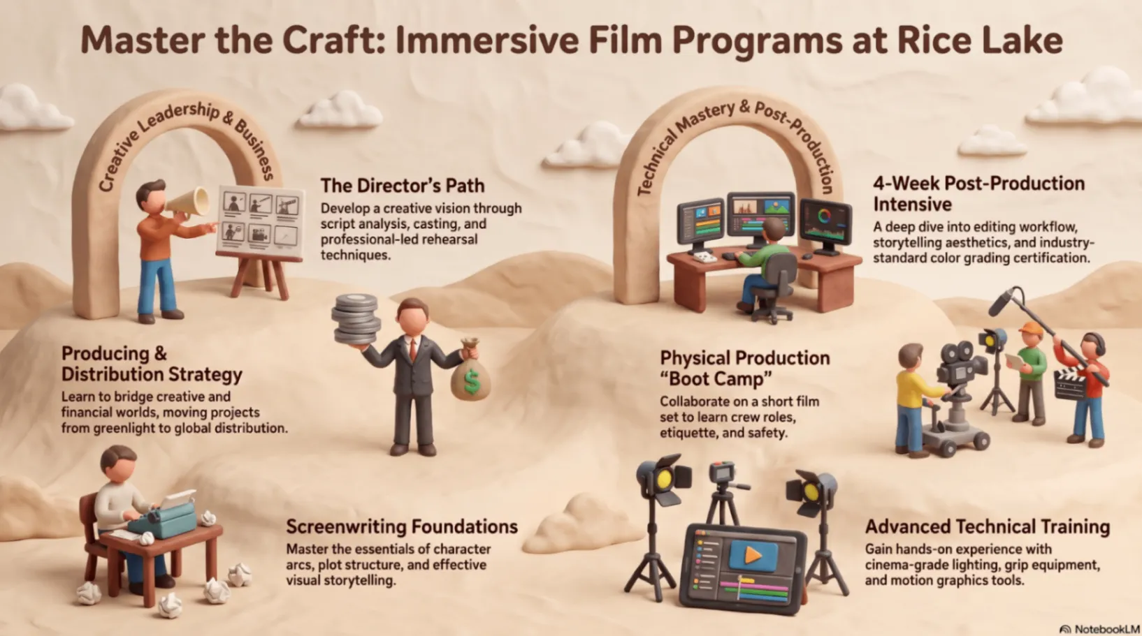 Illustrated overview of proposed Rice Lake immersive film programs, including directing, producing, screenwriting, post-production and technical training