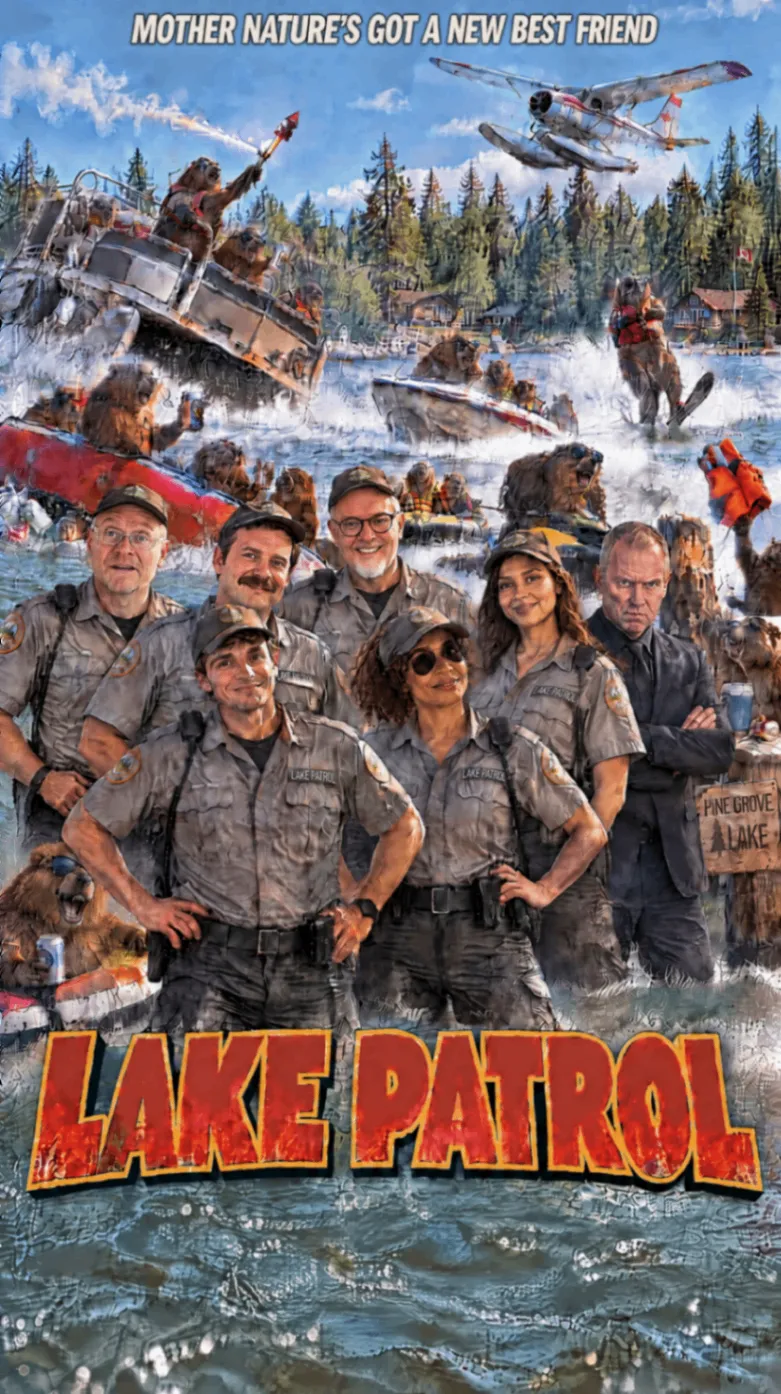 Lake Patrol poster artwork with the patrol cast, action on the water, and the tagline Mother Nature’s Got a New Best Friend