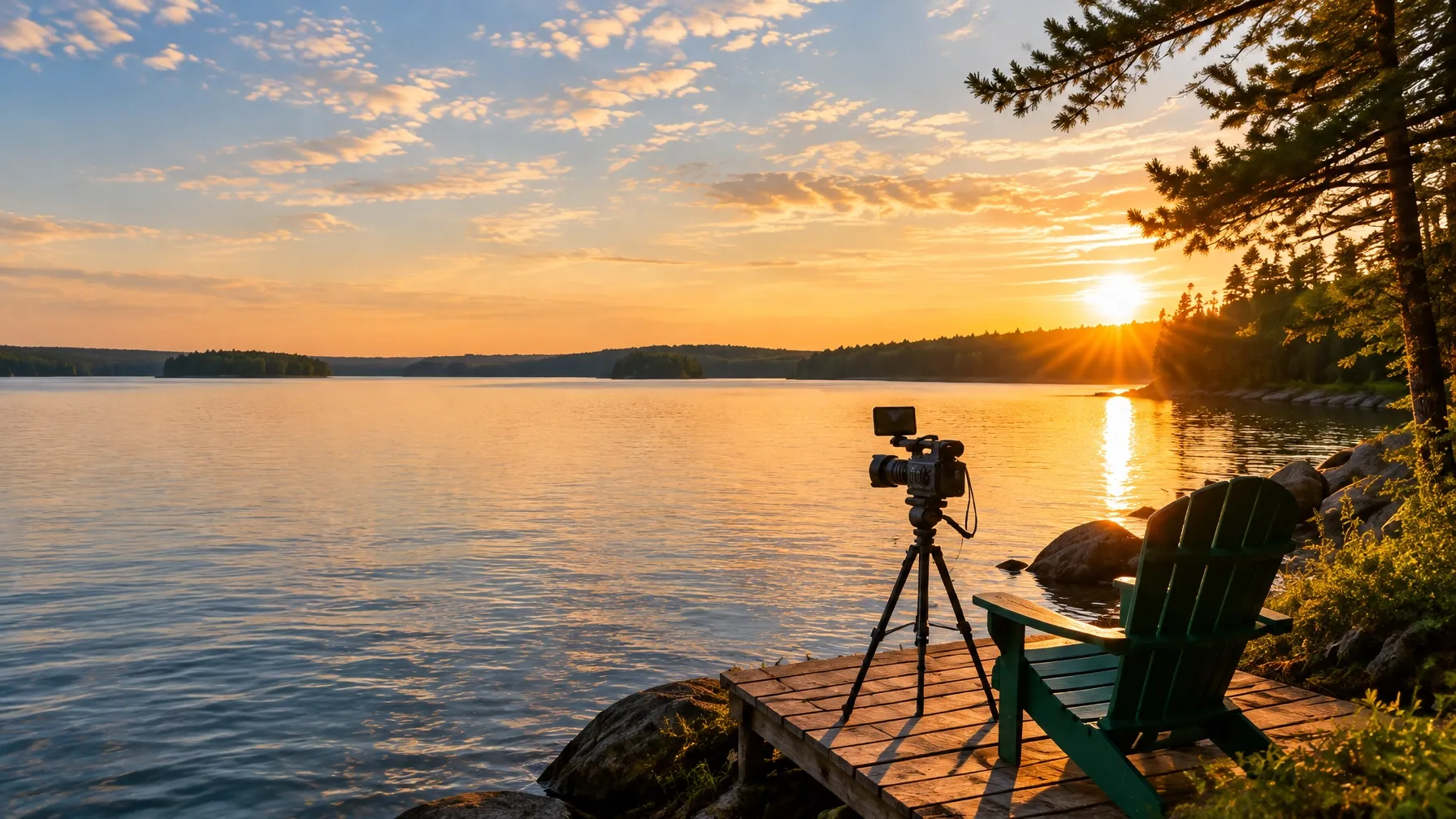 A camera on a dock looking across Rice Lake at sunset