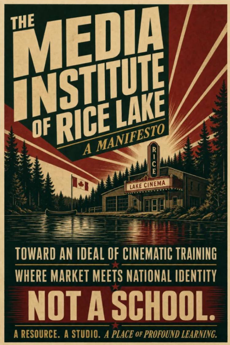 Vintage-inspired Rice Lake Media Institute manifesto poster with a lakeside cinema and the words Not a School